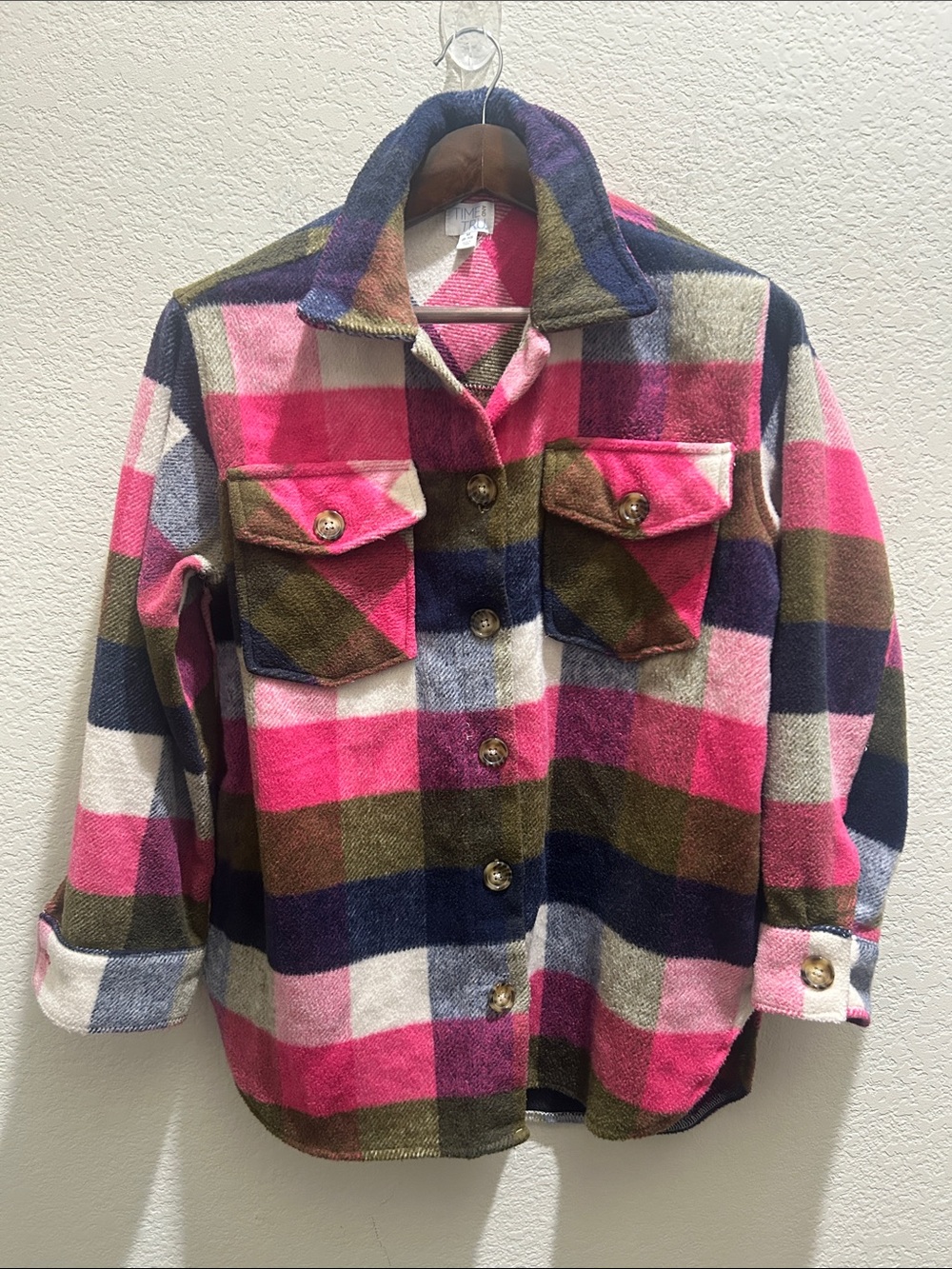 Time and Tru Women’s M Pink Multicolor Plaid Shacket Button Front Jacket